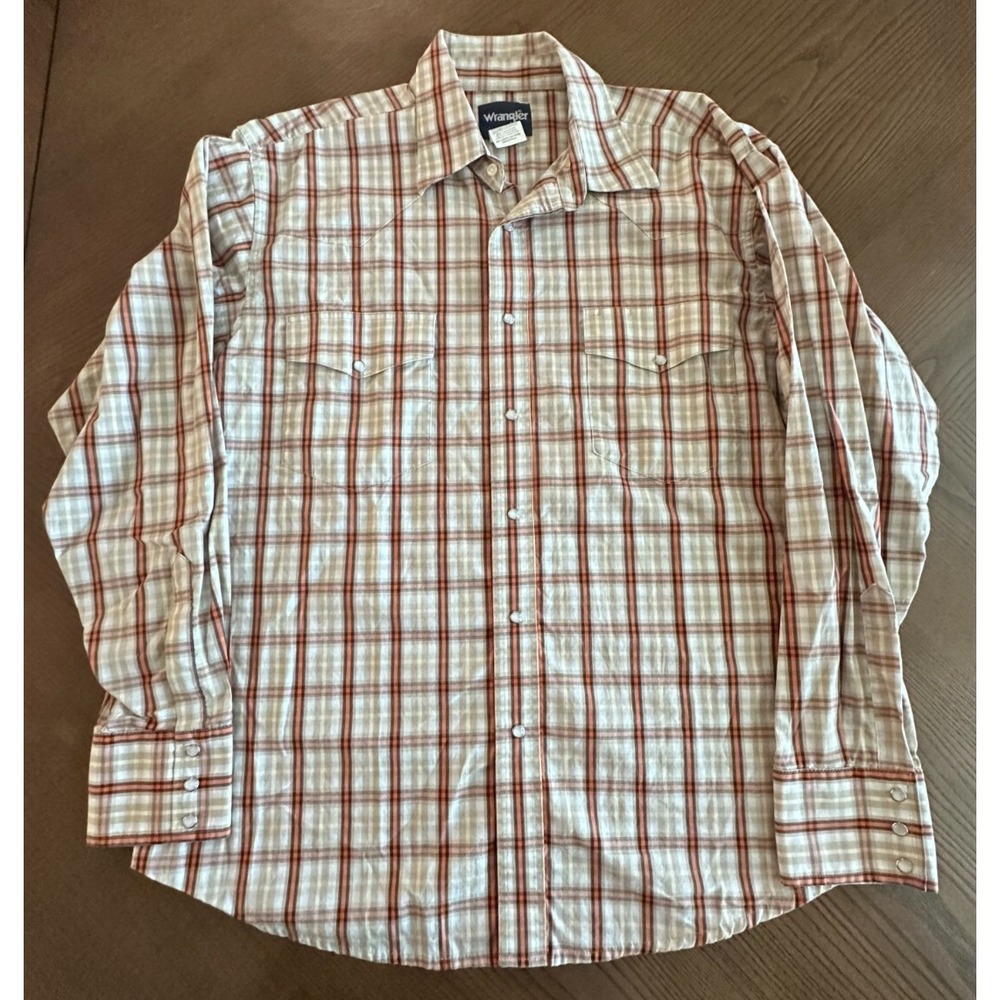 Wrangler Pearl Snap Shirt Men Size XL‎ Tan Orange Stripe Long Sleeve Rodeo